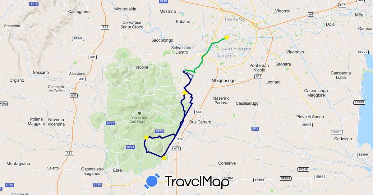 TravelMap itinerary: driving, bus, cycling in Italy (Europe)